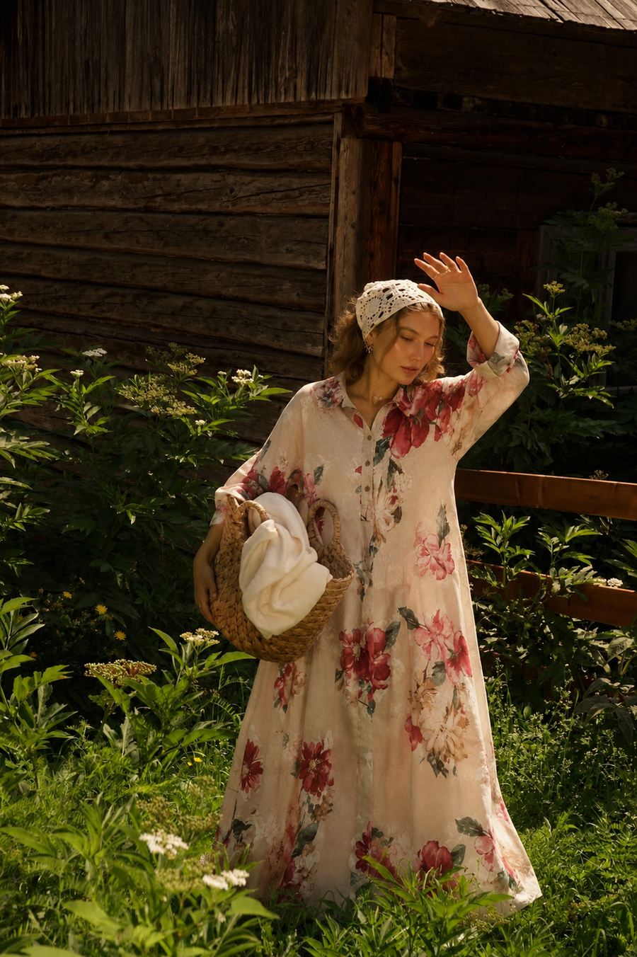 Flora Linen Krem Uzun Elbise