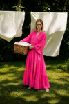 %100 Keten Rahat Kesim Uzun Elbise Pembe- RS26603