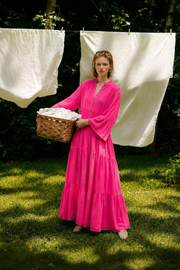 %100 Keten Rahat Kesim Uzun Elbise Pembe- RS26603