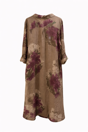 Ham Keten Gömlek Elbise Çiçek Desenli Vizon