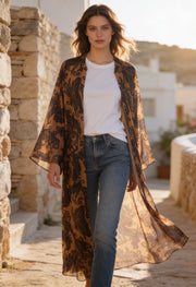 Bohem Paisley Uzun Kimono Hardal