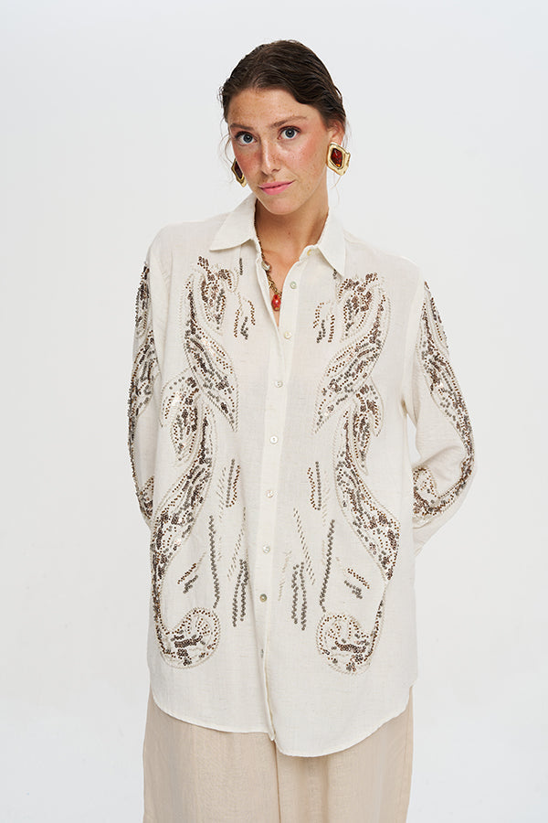 Oversize Nakışlı Keten Gömlek-RS34760