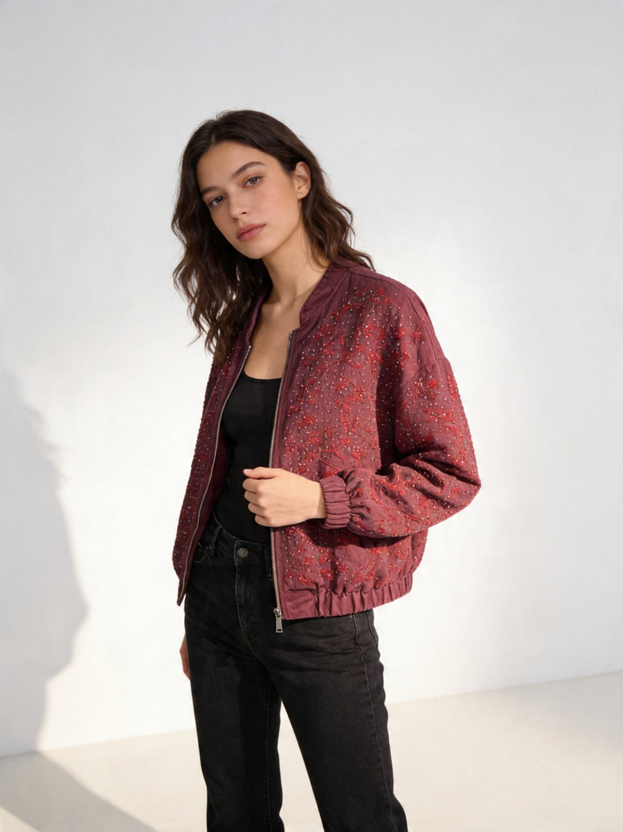 Royal Night Taşlı Bomber Bordo