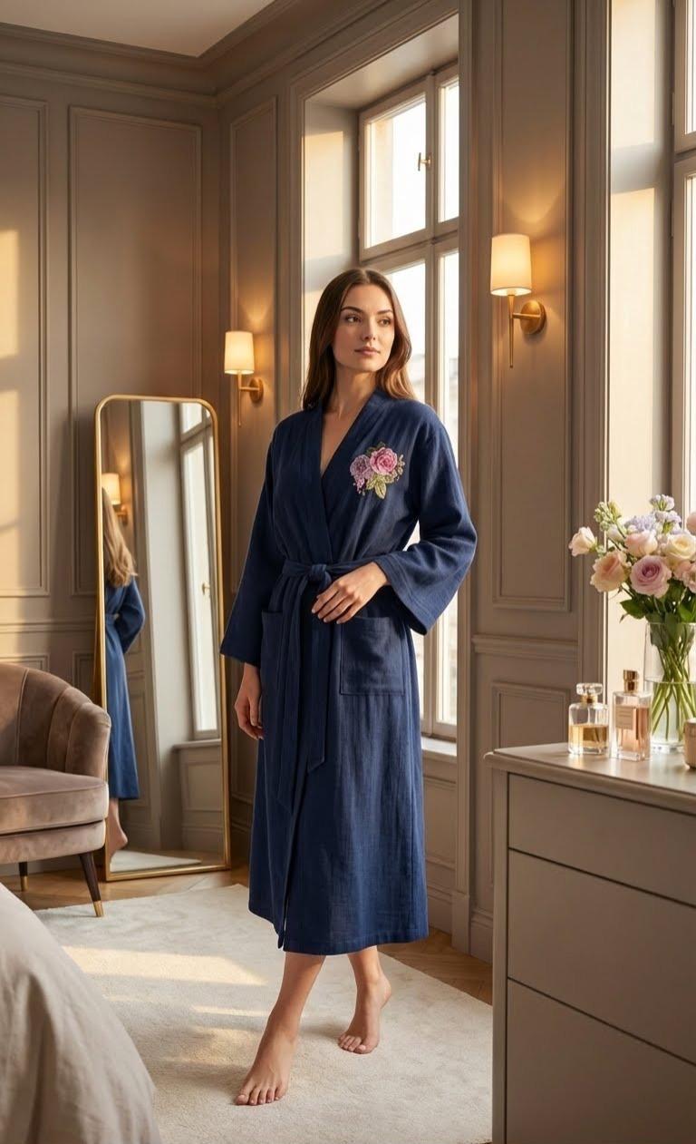 Nakış İşlemeli Pamuklu Sabahlık Nk0273