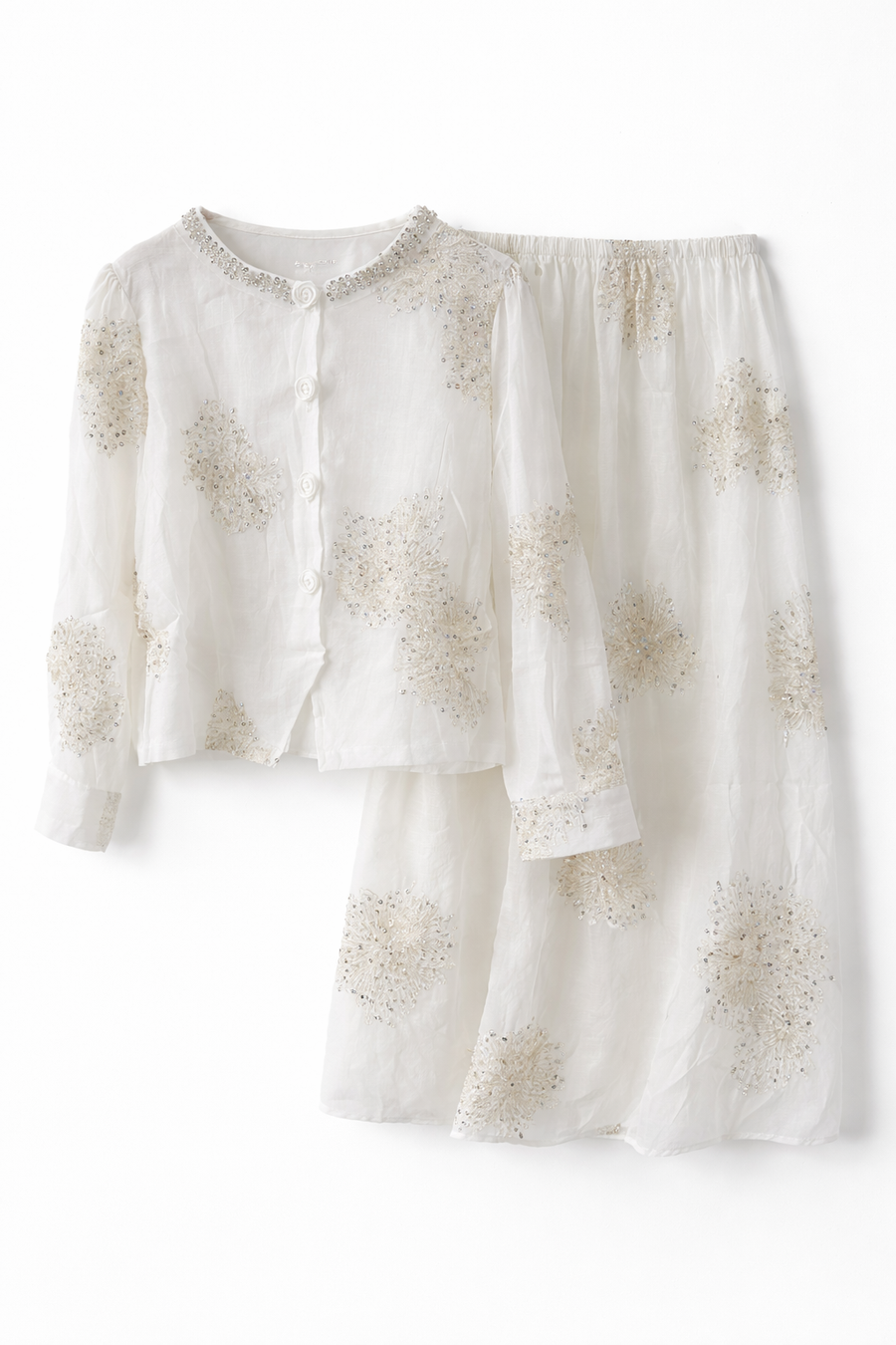 Taş İşlemeli Şifon Gömlek Etek Takım – Beyaz