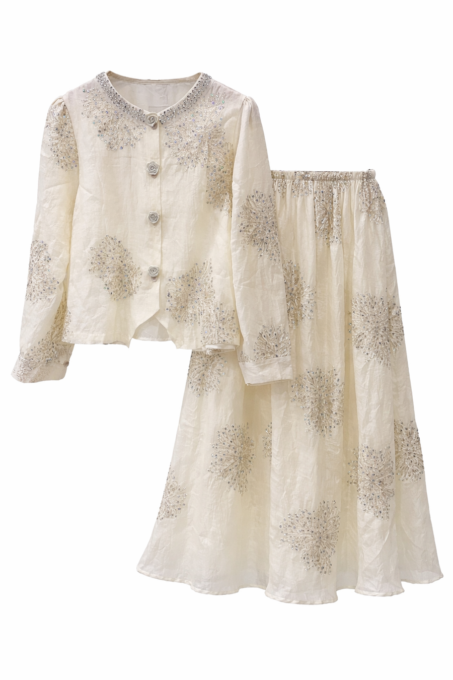 Taş İşlemeli Şifon Gömlek Etek Takım – Ekru