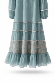 Dantel İnci İşlemeli Katlı Maksi Elbise-Mint