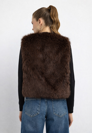 Düz Desen Kısa Kürk Yelek-Kahverengi