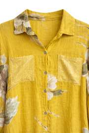 Ham Keten Gömlek Elbise Sarı Çiçekli
