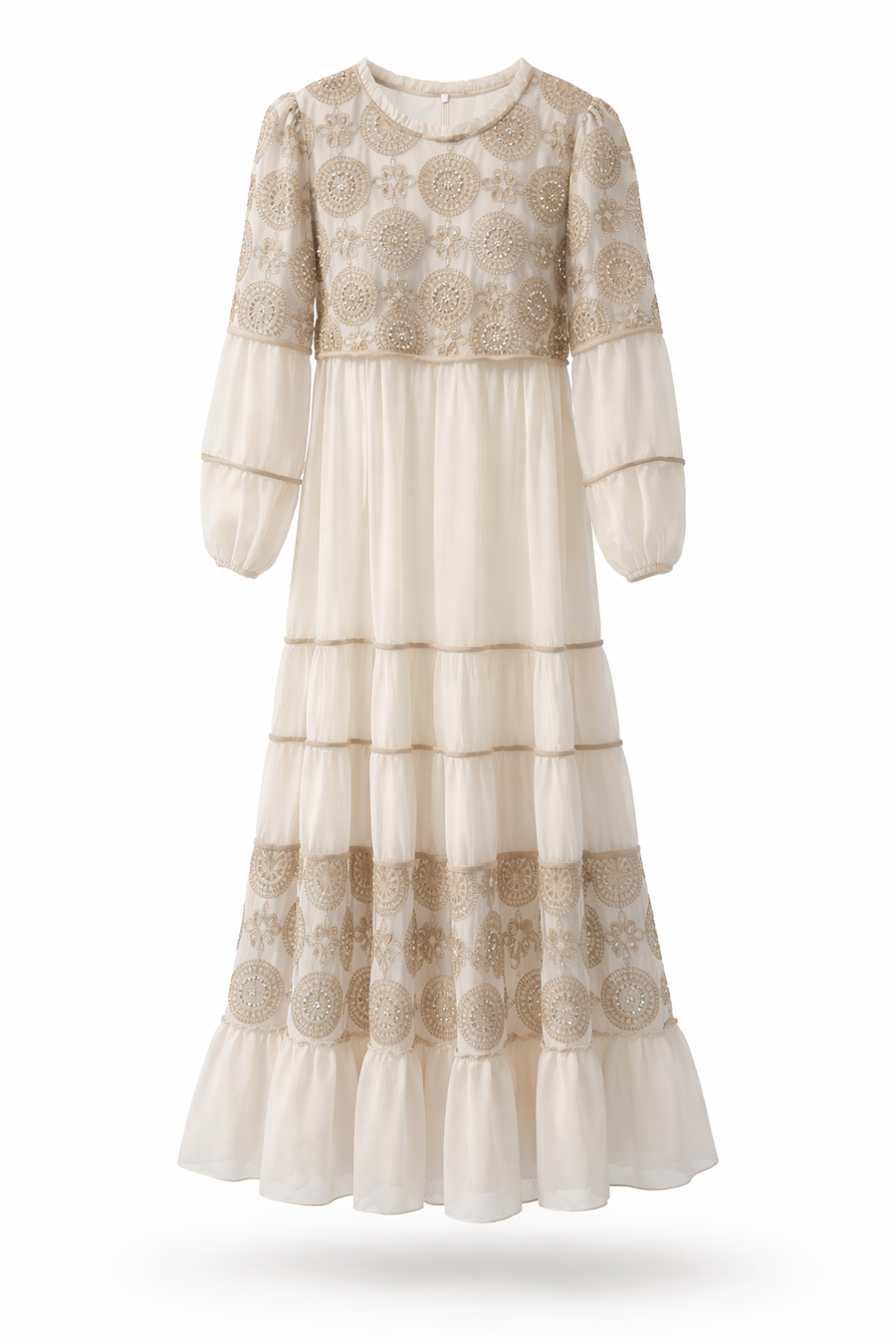 Dantel İnci İşlemeli Katlı Maksi Elbise-Krem