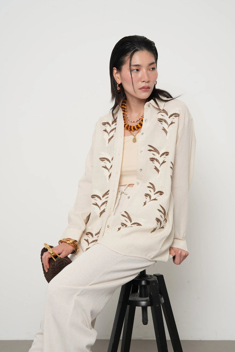 Oversize Nakışlı Keten Gömlek-RS34254