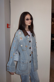 Çiçek İşlemeli Cepli Denim Ceket RS0008 | Mavi
