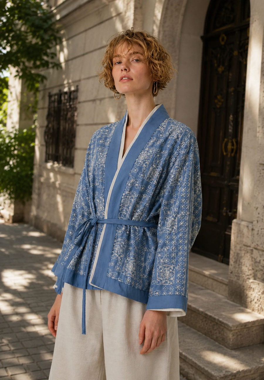 Etnik Nakışlı Kuşaklı Kısa Kimono-RS34920