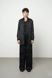 ORF-Siyah Çiçek Desenli Saten Oversize Gömlek