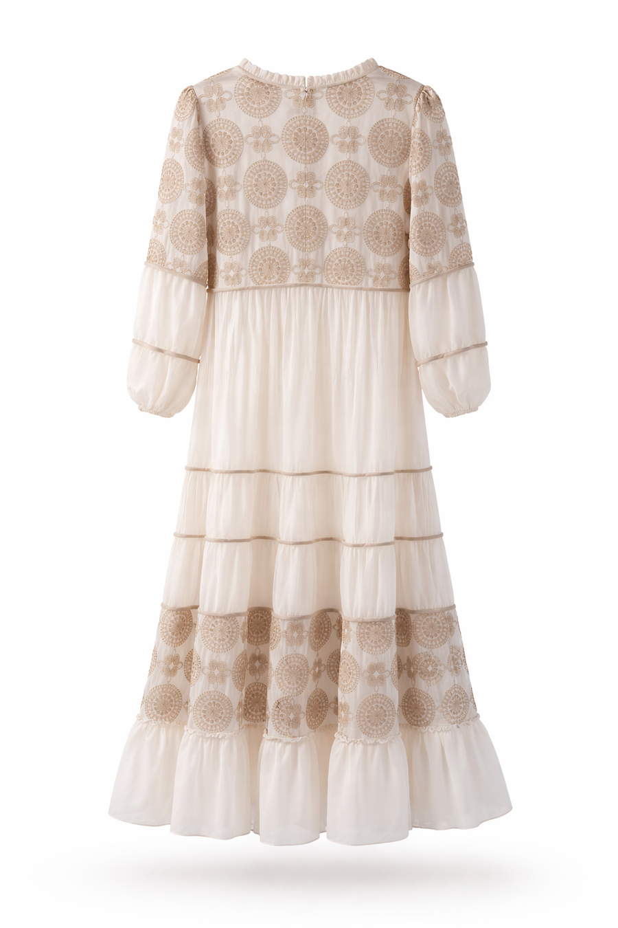 Dantel İnci İşlemeli Katlı Maksi Elbise-Krem