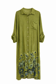 Ham Keten Gömlek Elbise Yağ Yeşili