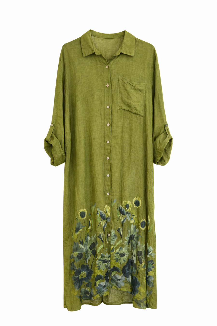 Ham Keten Gömlek Elbise Yağ Yeşili