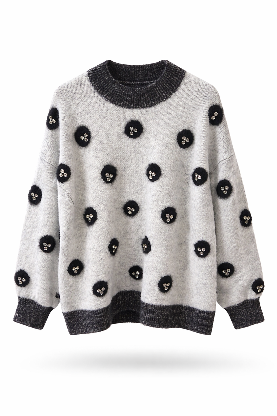 Taşlı Çiçek Detaylı Gri Triko Kazak