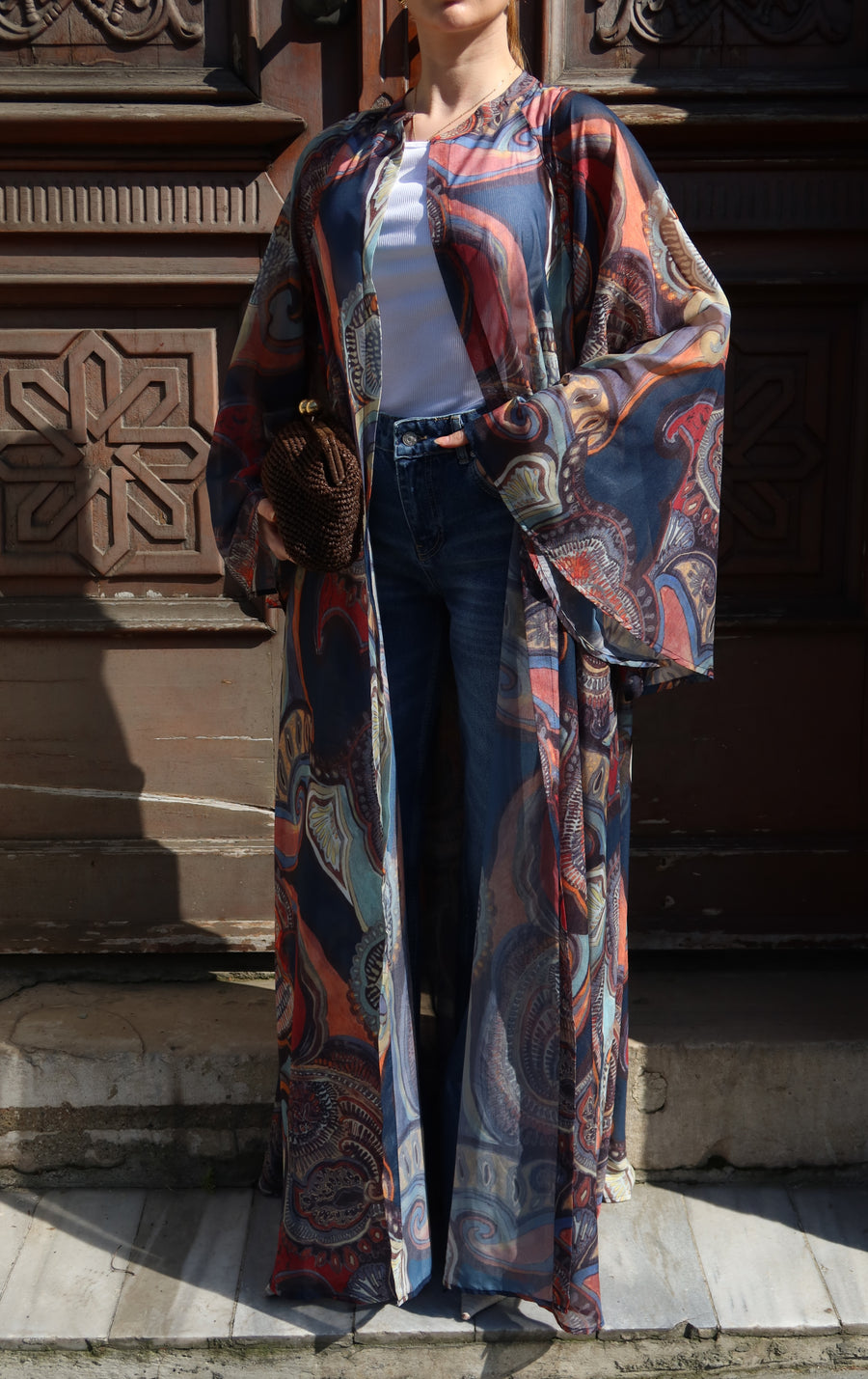 Bohem Paisley Uzun Kimono Şal Desen Mavi