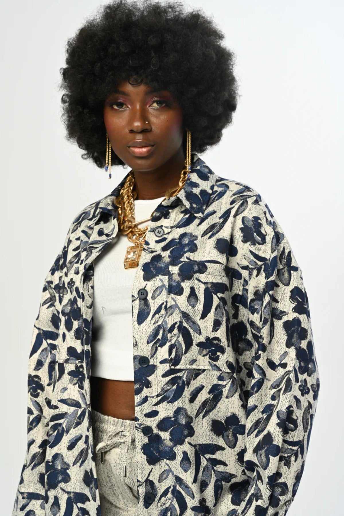 Lacivert Desenli Oversize Gömlek – 34098