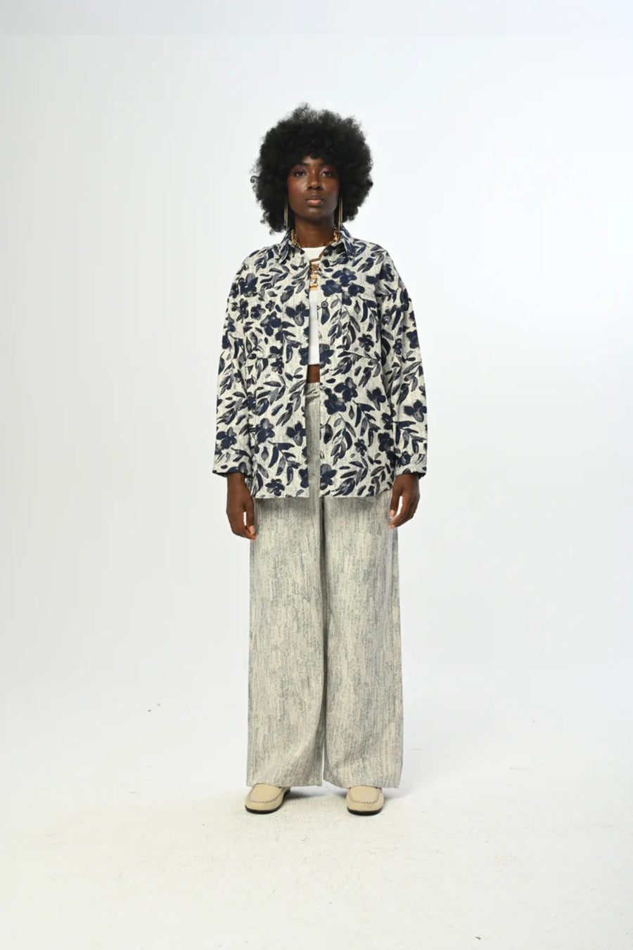 Lacivert Desenli Oversize Gömlek – 34098