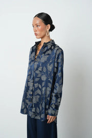 Lacivert Yaprak Desenli Oversize Kadın Gömlek - 34687