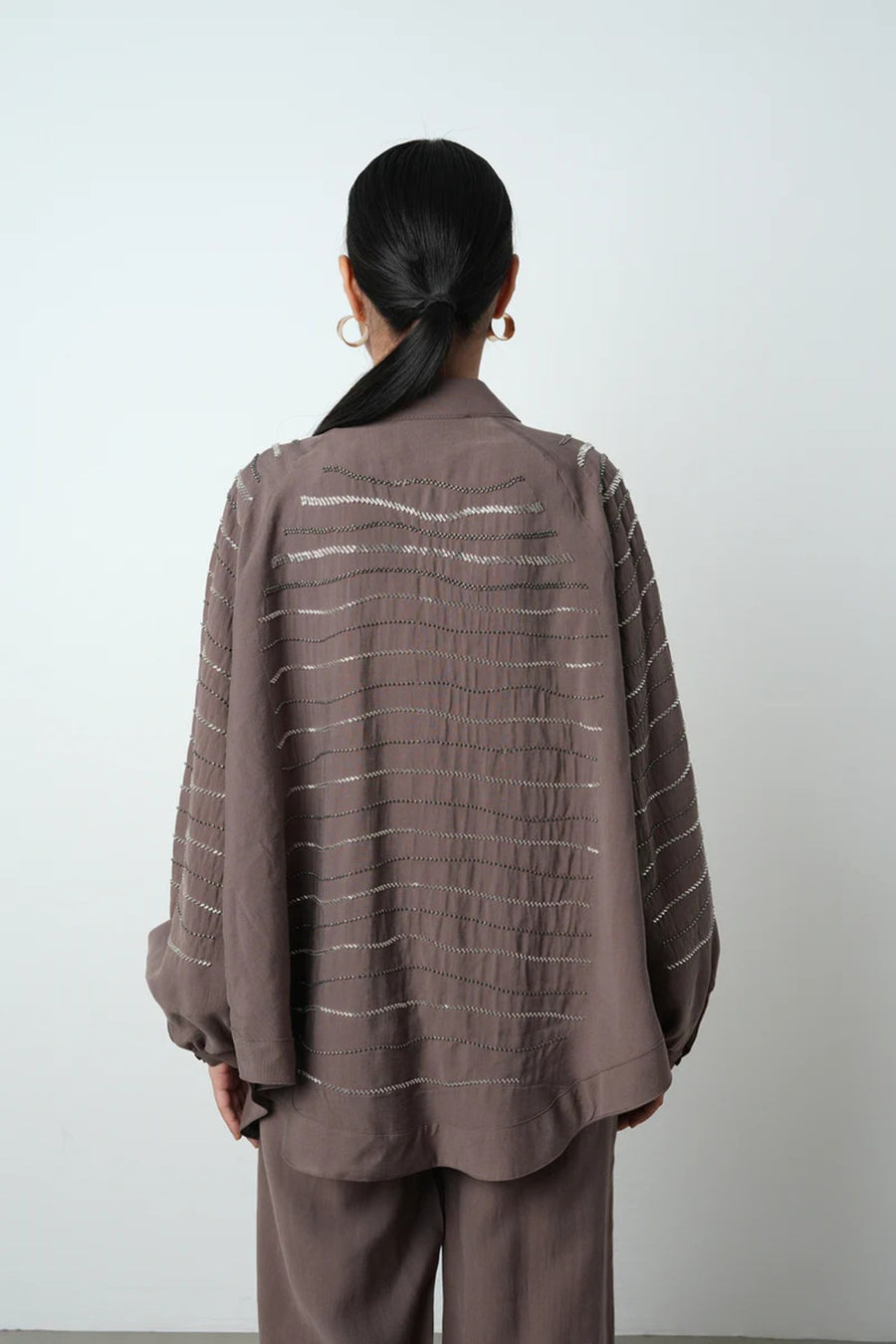 Taş İşlemeli Oversize Kadın Kimono - 34584 Kahve