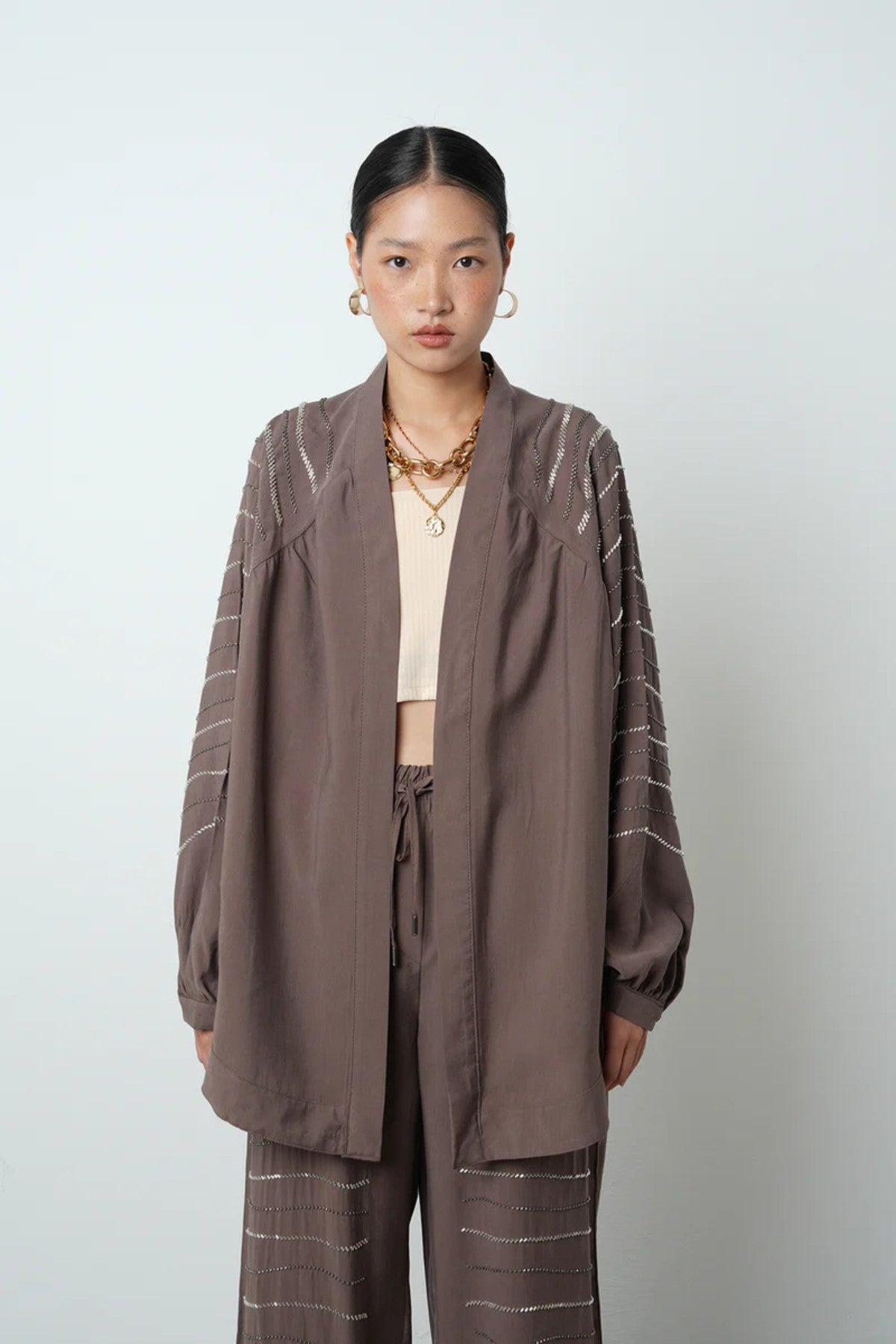 Taş İşlemeli Oversize Kadın Kimono - 34584 Kahve