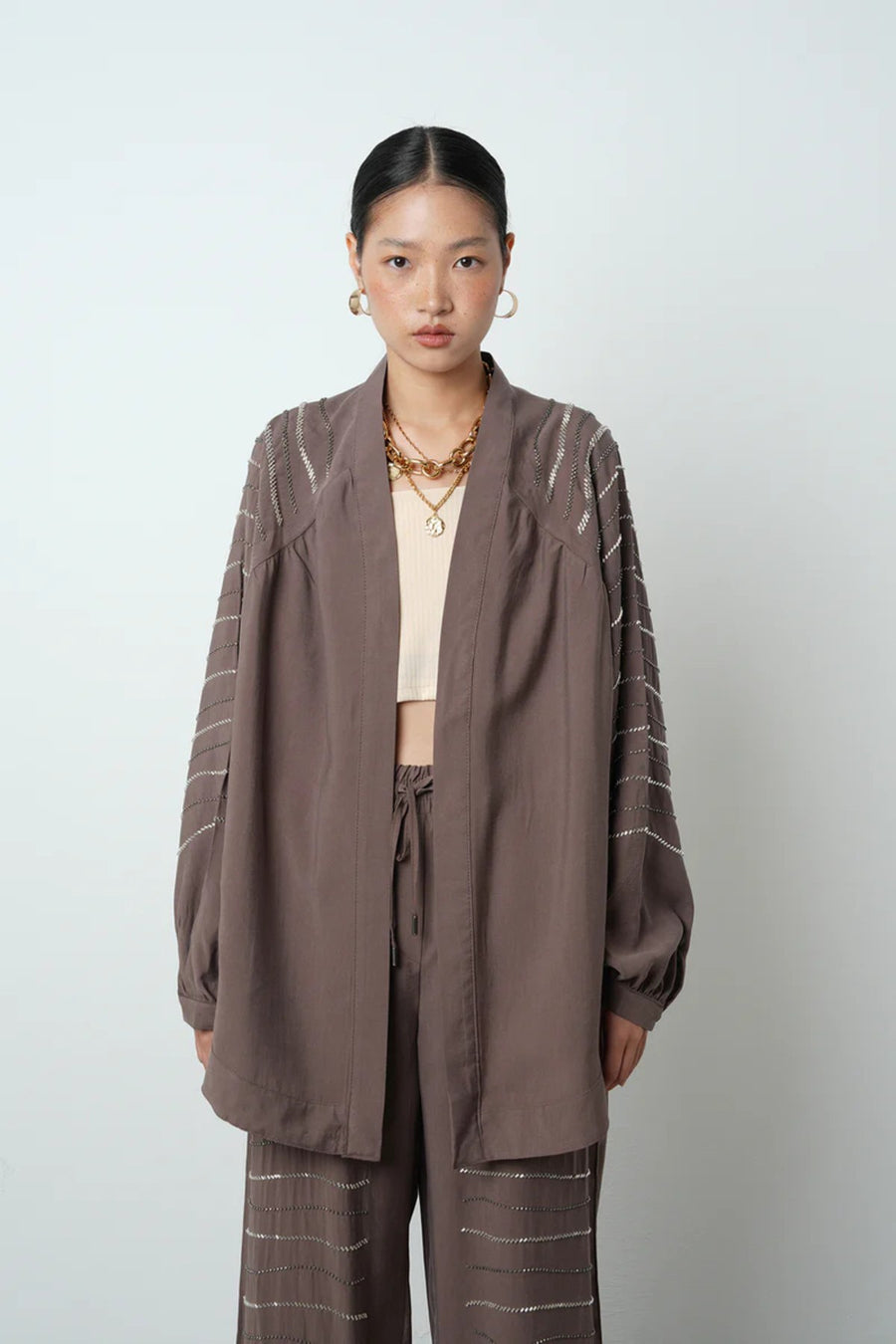 Taş İşlemeli Oversize Kadın Kimono - 34584 Kahve