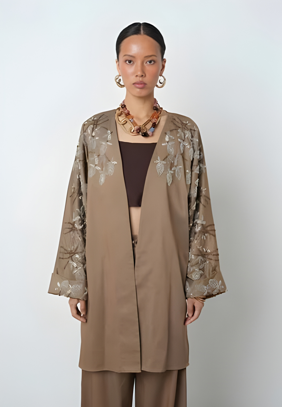 Boncuk İşlemeli Uzun Kimono - 38164 Toprak