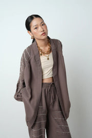 Taş İşlemeli Oversize Kadın Kimono - 34584 Kahve