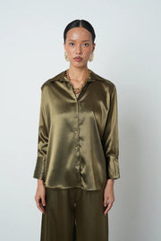 V Yaka Haki Saten Gömlek –  34706