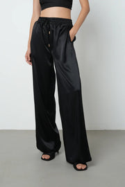 Siyah Parlak Saten Kadın Pantolon – Rahat ve Şık - 45299