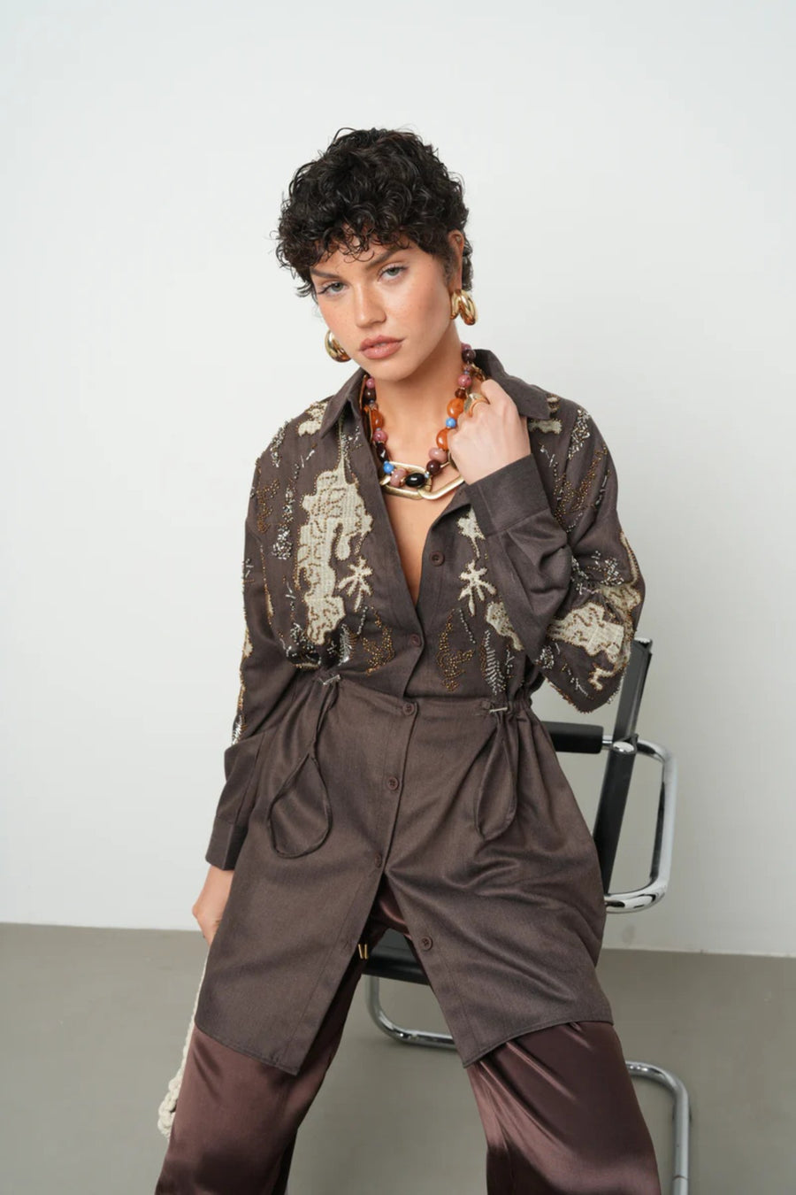 Nakışlı Boncuk İşlemeli Kahverengi Ceket – 38173