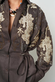 Nakışlı Boncuk İşlemeli Kahverengi Ceket – 38173