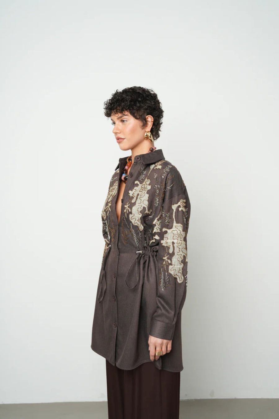 Nakışlı Boncuk İşlemeli Kahverengi Ceket – 38173