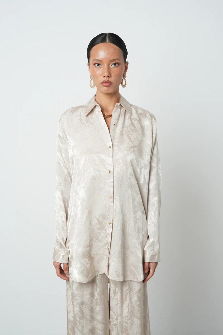 Ekru Çiçek Desenli Oversize Kadın Gömlek - 34683