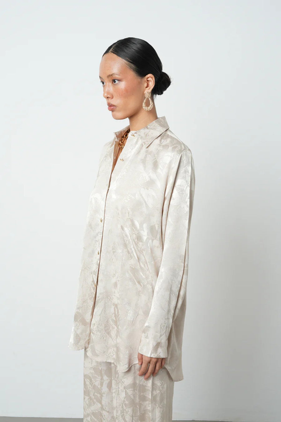 Ekru Çiçek Desenli Oversize Kadın Gömlek - 34683