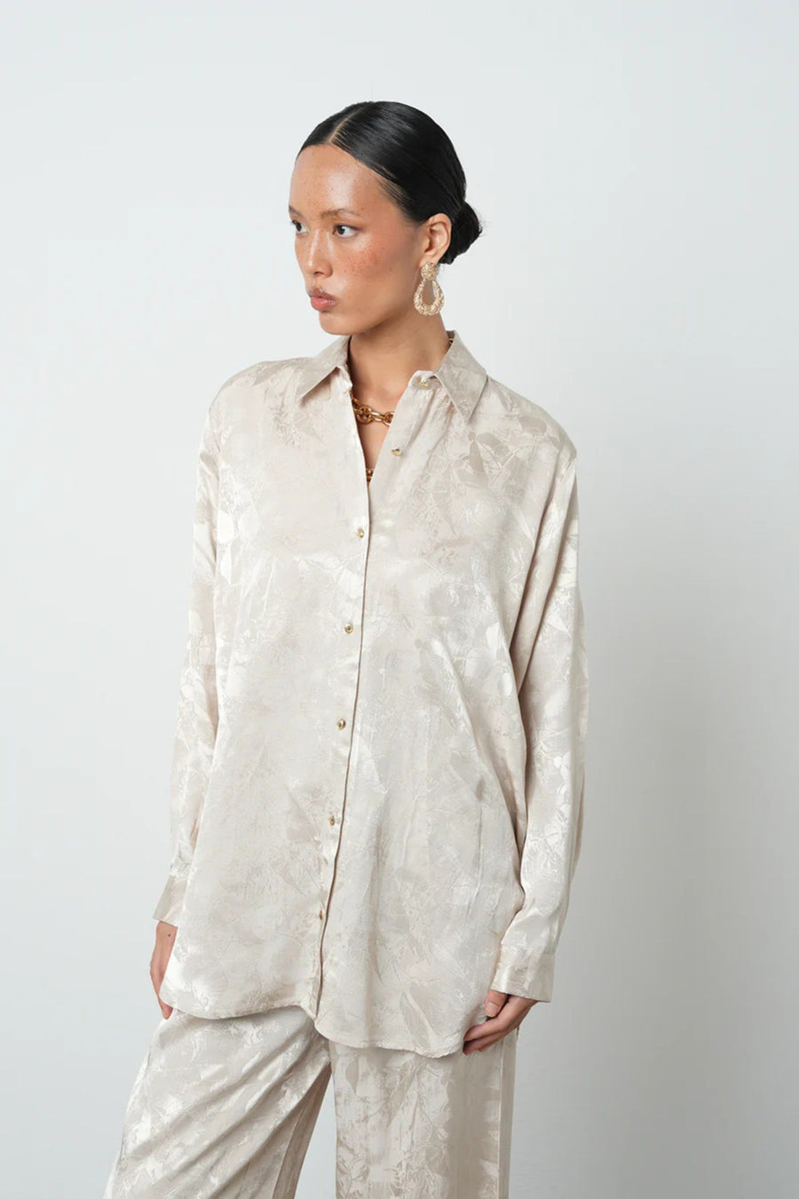 Ekru Çiçek Desenli Oversize Kadın Gömlek - 34683