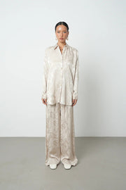 Ekru Çiçek Desenli Oversize Kadın Gömlek - 34683