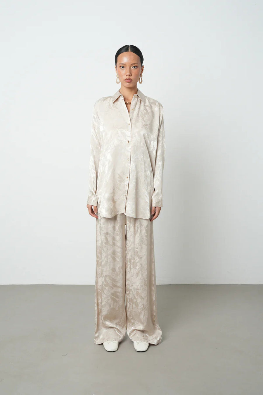 Ekru Çiçek Desenli Oversize Kadın Gömlek - 34683