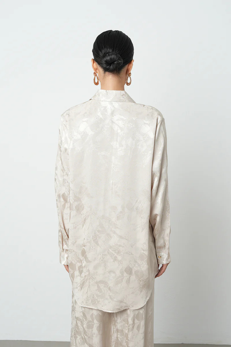 Ekru Çiçek Desenli Oversize Kadın Gömlek - 34683