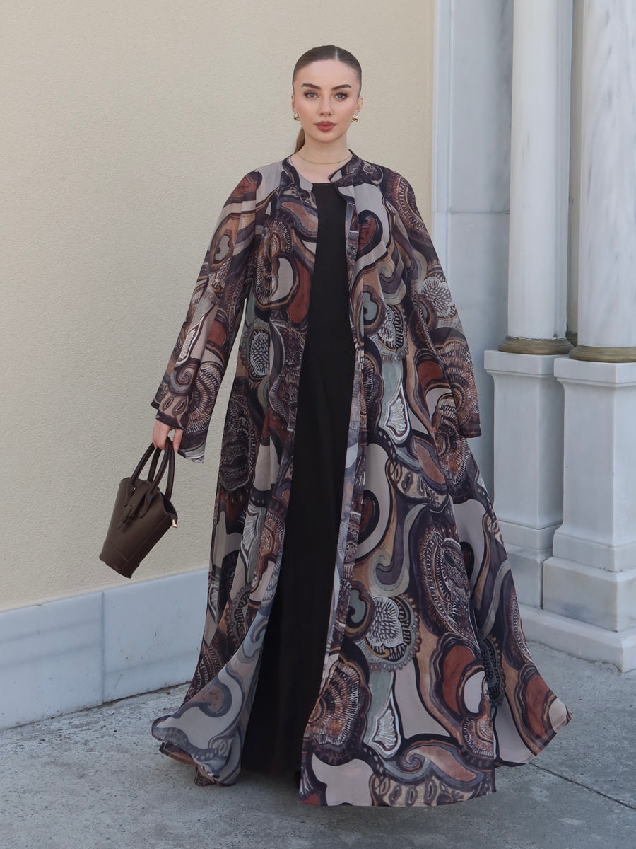 Bohem Paisley Uzun Kimono Şal Desen Kahve