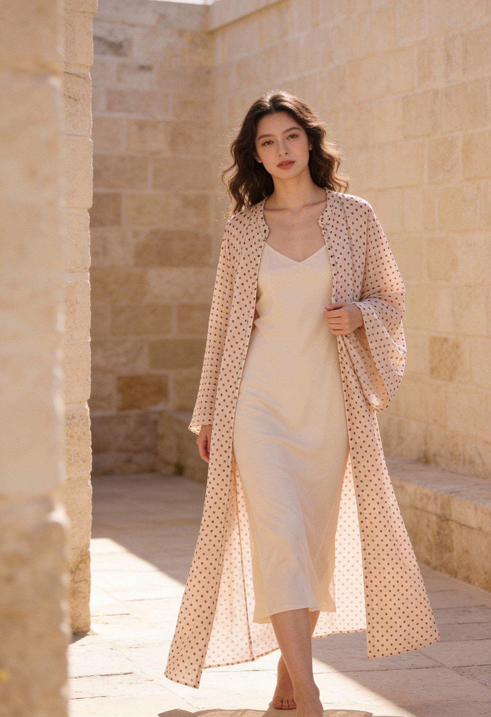 Bohem Paisley Uzun Kimono Krem Puantiye