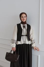 Çizgili Yelek Etekli Takım-Kahverengi