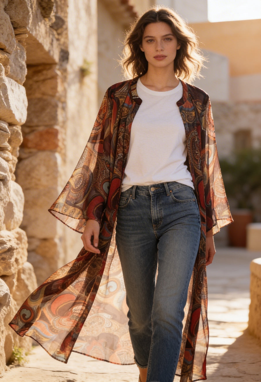 Bohem Paisley Uzun Kimono Kiremit