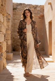 Bohem Paisley Uzun Kimono Kahve