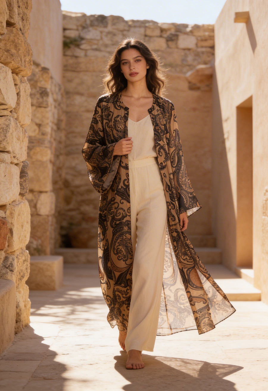 Bohem Paisley Uzun Kimono Kahve