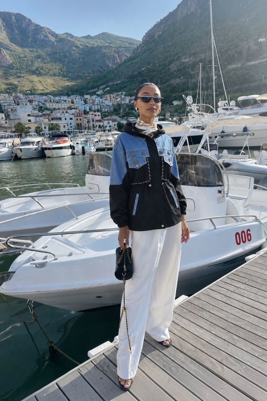 Taş İşlemeli Denim Detaylı Trenç Siyah