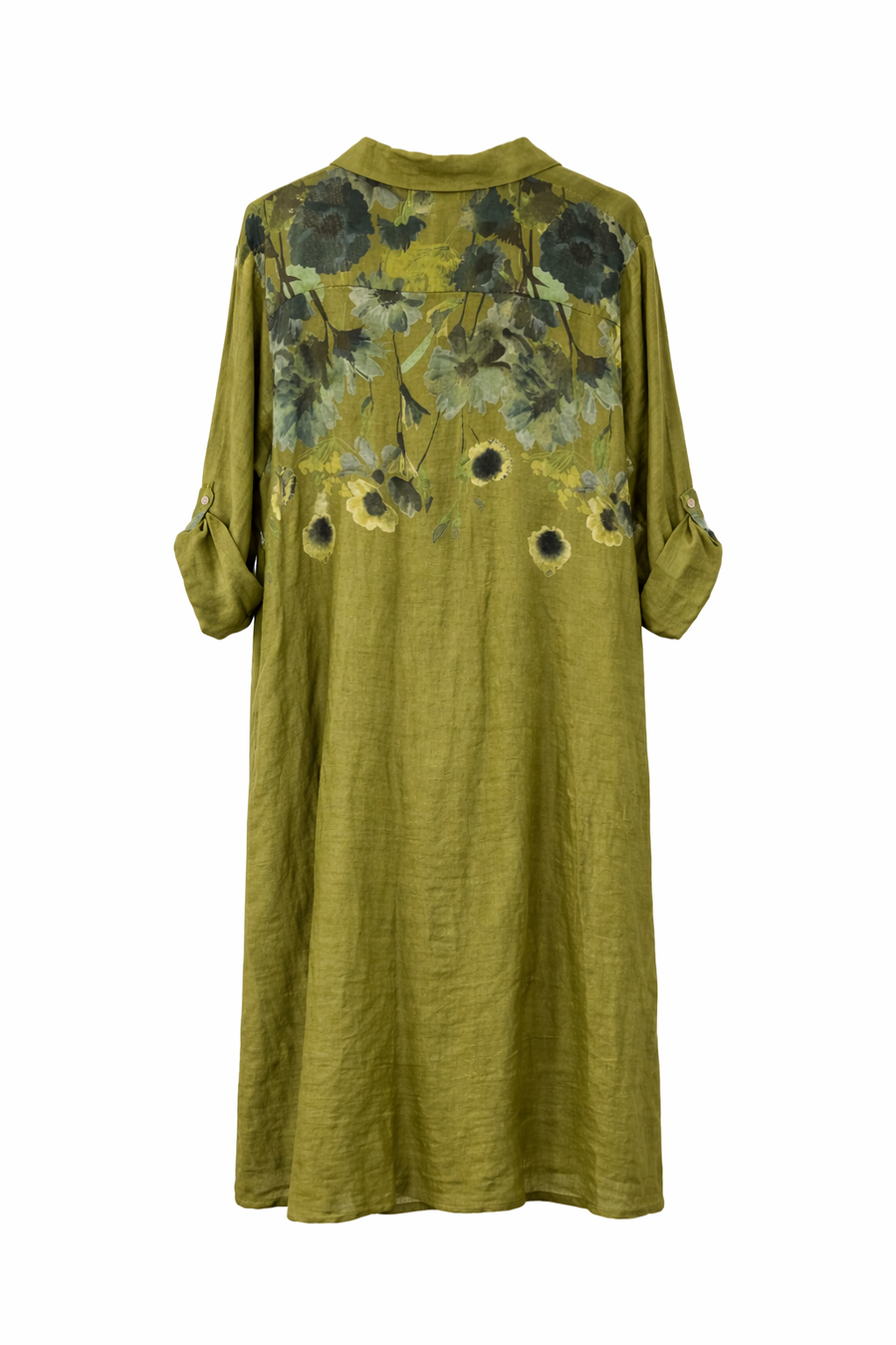 Ham Keten Gömlek Elbise Yağ Yeşili